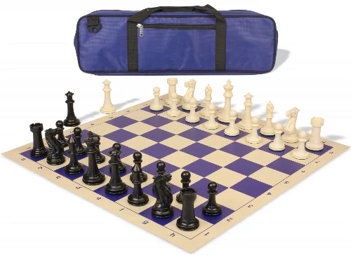 Executive Carry-All Plastic Chess Set Black & Ivory Pieces with Vinyl Rollup Board - Blue - Image 1
