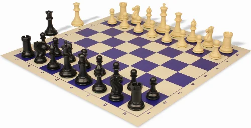 Conqueror Plastic Chess Set Black & Camel Pieces with Rollup Board - Blue - Image 1