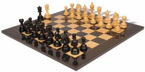 Chetak Staunton Chess Set Ebony & Boxwood Pieces with Black & Ash Burl Board - 4.25" King - Image 1