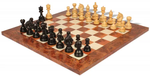 Chetak Staunton Chess Set Ebony & Boxwood Pieces with Elm Burl & Erable Chess Board - 4.25" King - Image 1