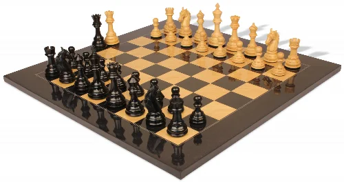 Colombian Knight Staunton Chess Set Ebony & Boxwood Pieces with Black & Ash Burl Chess Board - 4.6" King - Image 1