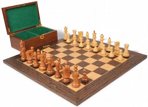 Zagreb Series Chess Set Acacia & Boxwood Pieces with Deluxe Tiger Ebony Board & Box - 3.875" King - Image 1