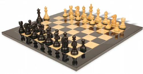 Deluxe Old Club Staunton Chess Set Ebonized & Boxwood Pieces with Black & Ash Burl Board - 3.75" King - Image 1