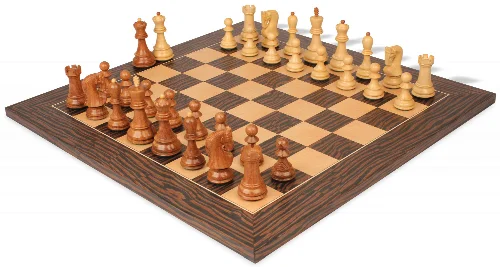 Zagreb Series Chess Set Acacia & Boxwood Pieces with Deluxe Tiger Ebony & Maple Board - 3.875" King - Image 1