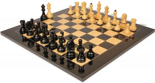 Dubrovnik Series Chess Set High Gloss Black & Boxwood Pieces with Black & Ash Burl Board- 3.9" King - Image 1