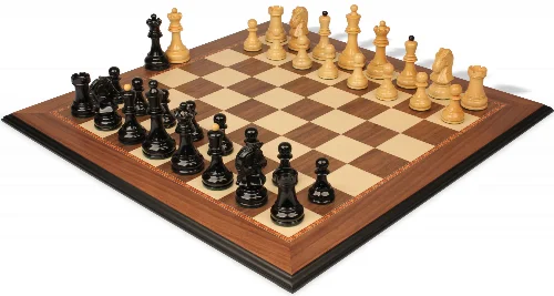 Dubrovnik Series Chess Set High Gloss Black & Boxwood Pieces with Walnut & Maple Molded Edge Board- 3.9" King - Image 1