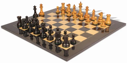 1849 Heirloom Staunton Chess Set Ebony & Antiqued Boxwood with Black & Ash Burl Board - 4.4" King - Image 1