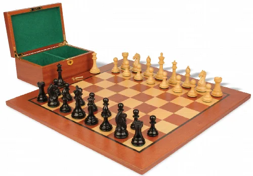 Fierce Knight Staunton Chess Set Ebonized & Boxwood Pieces with Classic Mahogany Board & Box - 3" King - Image 1