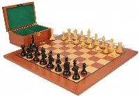 Fierce Knight Staunton Chess Set Ebonized & Boxwood Pieces with Classic Mahogany Board & Box - 3" King
