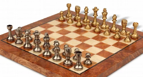 Abstract Staunton Solid Brass Chess Set with Elm Burl Chess Board - Image 1