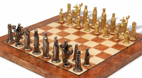 Small Medieval Theme Metal Chess Set with Elm Burl Chess Board - Image 1