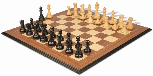 British Staunton Chess Set Ebonized & Boxwood Pieces with Walnut & Maple Molded Edge Board - 4" King - Image 1