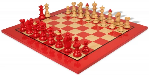 Vienna Coffee House Antique Reproduction Chess Set High Gloss Red & Boxwood Pieces with Red & Maple Chess Board - 4" King - Image 1