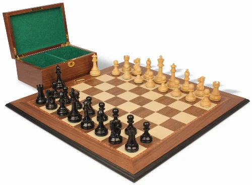 British Staunton Chess Set Ebony & Boxwood Pieces with Walnut Molded Edge Board & Box - 4" King - Image 1