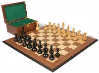 British Staunton Chess Set Ebony & Boxwood Pieces with Walnut Molded Edge Board & Box - 4" King