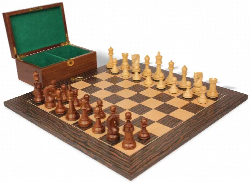 Leningrad Staunton Chess Set Golden Rosewood & Boxwood Pieces with Tiger Ebony Board & Box - 4" King - Image 1