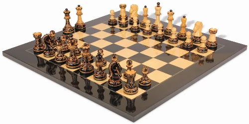 Dubrovnik Series Chess Set Burnt Boxwood Pieces with Black & Ash Burl Board- 3.9" King - Image 1