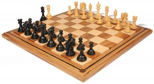 Marengo Staunton Chess Set in Ebony & Boxwood with Zebrawood & Maple Mission Craft Chess Board - Image 1