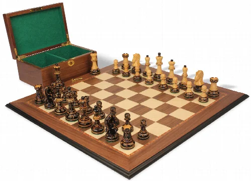 The Dubrovnik Championship Chess Set Burnt Boxwood Pieces with Walnut Molded Board & Box - 3.9" King - Image 1