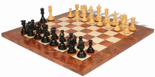 Marengo Staunton Chess Set in Ebony & Boxwood with Elm Burl & Erable Chess Board - Image 1