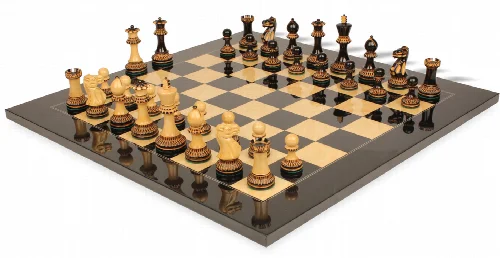 Parker Staunton Chess Set Burnt Boxwood Pieces with Black Ash Burl Chess Board - 3.75" King - Image 1