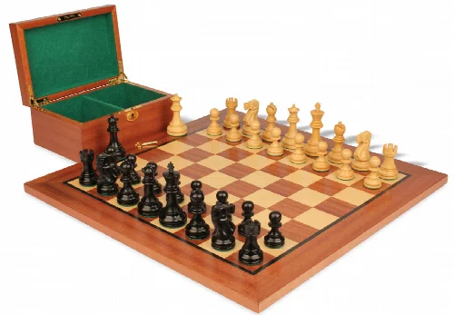 Deluxe Old Club Staunton Chess Set in Ebony & Boxwood with Classic Mahogany Board & Box - 3.25" King - Image 1