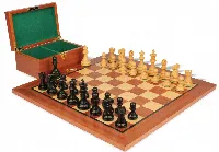 Deluxe Old Club Staunton Chess Set in Ebony & Boxwood with Classic Mahogany Board & Box - 3.25" King