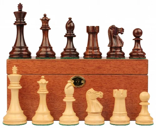 British Staunton Chess Set in Rosewood & Boxwood with Mahogany Box - 4" King - Image 1