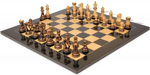 New Exclusive Staunton Chess Set Burnt Boxwood Pieces with Black & Ash Burl Board - 3.75" King - Image 1