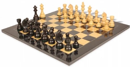 German Knight Staunton Chess Set Ebonized & Boxwood Pieces with Black & Ash Burl Chess Board - 3.75" King - Image 1