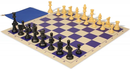 Standard Club Classroom Plastic Chess Set Black & Camel Pieces with Vinyl Rollup Board - Blue - Image 1