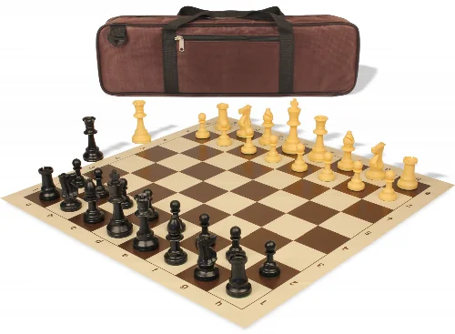 Standard Club Carry-All Triple Weighted Plastic Chess Set Black & Camel Pieces with Vinyl Rollup Board - Brown - Image 1