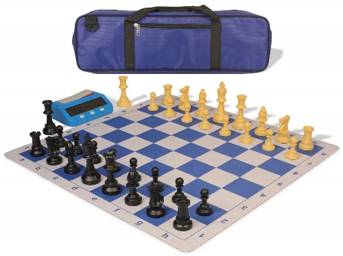 Standard Club Large Carry-All Plastic Chess Set Black & Camel Pieces with Clock, Bag, & Lightweight Floppy Board - Royal Blue - Image 1