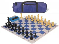 Standard Club Large Carry-All Plastic Chess Set Black & Camel Pieces with Clock, Bag, & Lightweight Floppy Board - Royal Blue