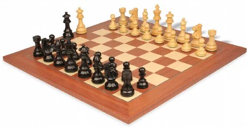 French Lardy Staunton Chess Set in Ebonized Boxwood & Boxwood with Mahogany & Maple Deluxe Chess Board - 3.75" King - Image 1