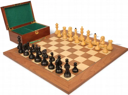 Dubrovnik Staunton Chess Set Ebonized & Boxwood Pieces with Walnut & Maple Deluxe Board & Box - 3.9" King - Image 1
