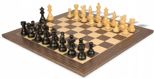 French Lardy Staunton Chess Set Ebonized & Boxwood Pieces with Deluxe Tiger Ebony & Maple Board - 3.75" King - Image 1