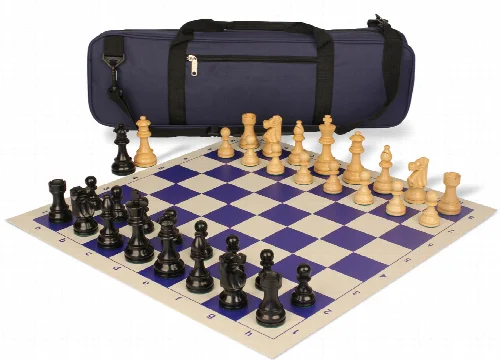 French Lardy Carry-All Chess Set Ebonized & Boxwood Pieces - Blue - Image 1