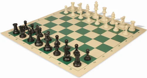 Analysis-Size Plastic Chess Set Black & Ivory Pieces with Green Roll-up Chess Board - Image 1
