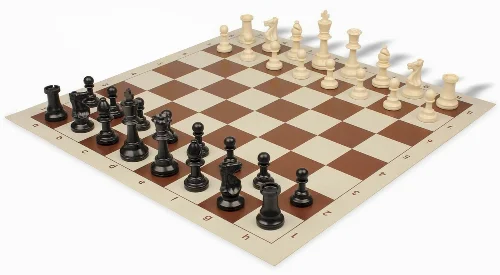 Analysis-Size Plastic Chess Set Black & Ivory Pieces with Brown Roll-up Chess Board - Image 1