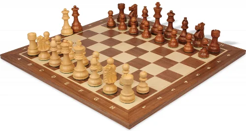 French Lardy Staunton Chess Set Acacia & Boxwood Pieces with Sunrise Walnut Notated Chess Board - 3.75" King - Image 1