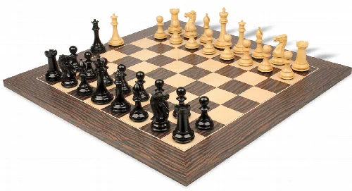 New Exclusive Staunton Chess Set Ebony & Boxwood Pieces with Deluxe Tiger Ebony & Maple Board - 3.5" King - Image 1