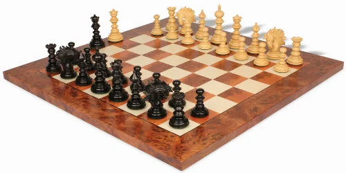 Strategos Staunton Chess Set in Ebony & Boxwood with Elm Burl & Erable Chess Board - Image 1