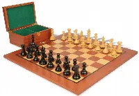 New Exclusive Staunton Chess Set in Ebony & Boxwood with Classic Mahogany Board & Box - 3" King