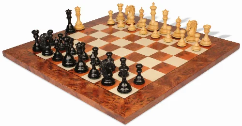 Palomo Staunton Chess Set Ebony & Boxwood Pieces with Elm Burl Board - 4.4" King - Image 1