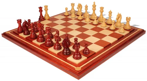 Colombian Knight Staunton Chess Set Padauk & Boxwood Pieces with Padauk Mission Craft Chess Board - 4.6" King - Image 1