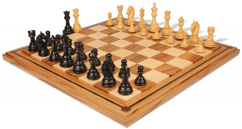 Colombian Knight Staunton Chess Set Ebony & Boxwood Pieces with Mission Craft Zebrawood Chess Board - Image 1