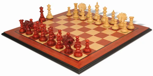 Strategos Staunton Chess Set in Padauk & Boxwood with Padauk & Bird's-Eye Maple Molded-Edge Chess Board - Image 1