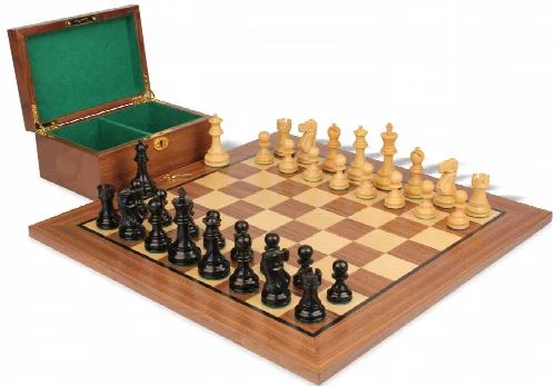 Deluxe Old Club Staunton Chess Set Ebonized & Boxwood Pieces with Walnut Board & Box - 3.25" King - Image 1