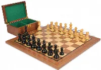 Deluxe Old Club Staunton Chess Set Ebonized & Boxwood Pieces with Walnut Board & Box - 3.25" King